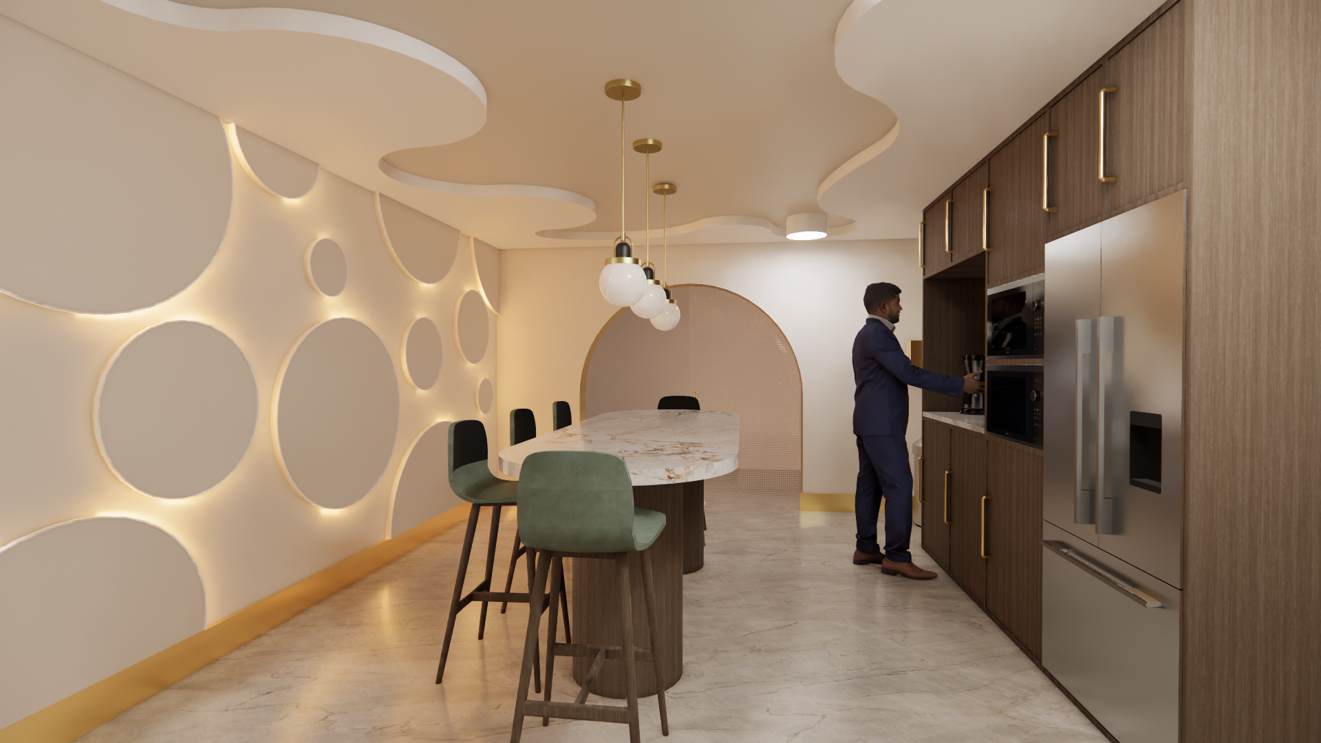 Modern kitchen with a man in a suit preparing coffee at a built-in coffee machine, wooden cabinets, and a marble island with bar stools, yellow accent wall with circular patterns, and contemporary lighting fixtures.
