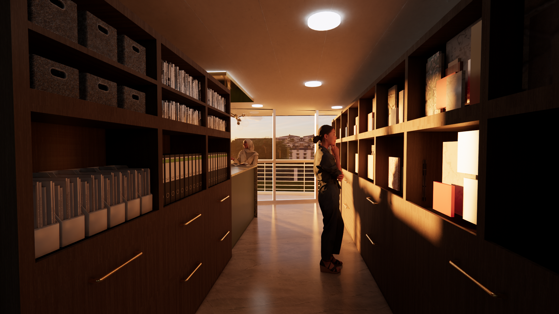 A woman standing in a modern library corridor, looking at books on shelves, illuminated by warm sunset light through glass doors at the end of the hallway.