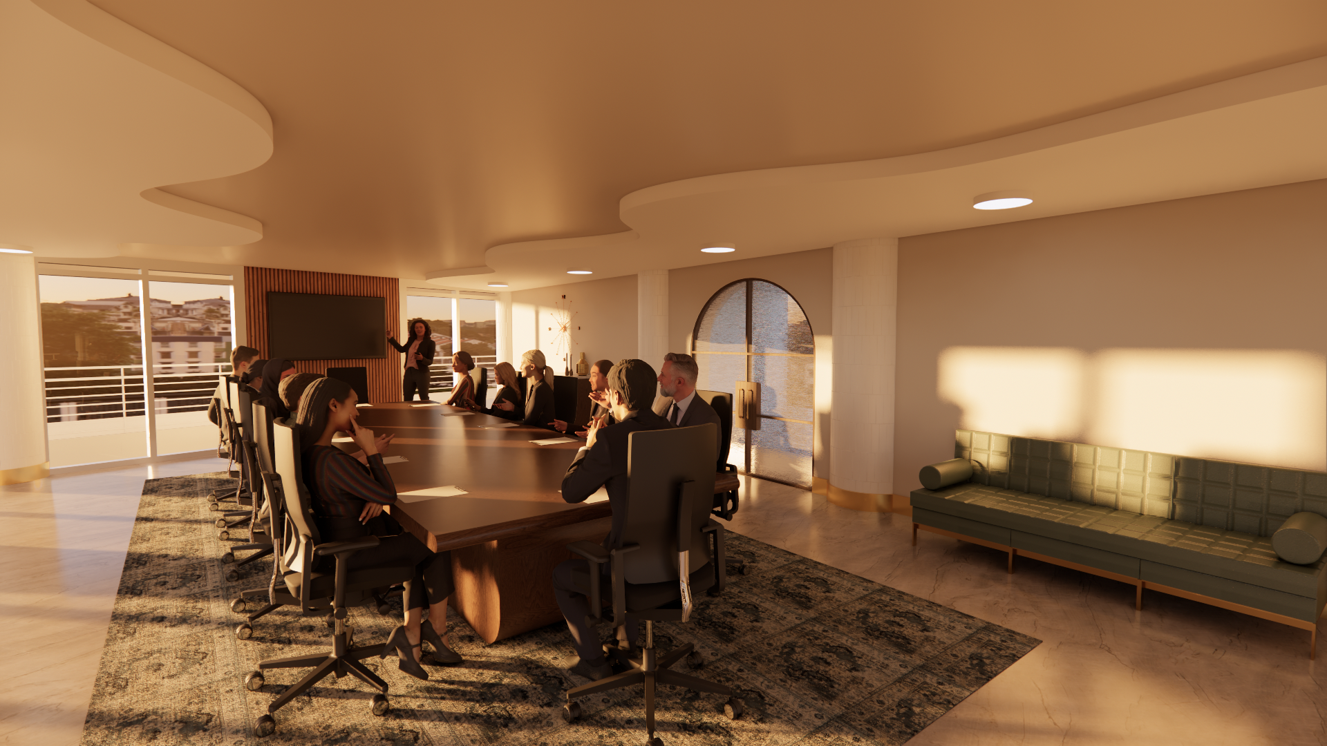 Business meeting inside a modern conference room with a long table, officers seated, a presenter at the front near a large screen, windows showing a cityscape, and a green sofa on the right side.