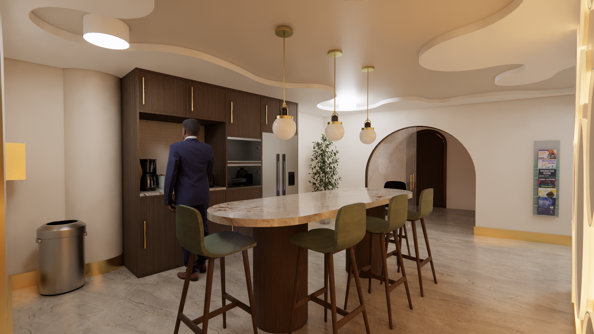 Modern kitchen with a large marble island, four green bar stools, wooden cabinets, a man in a suit preparing coffee, three pendant lights, a potted plant, and a wall magazine rack.