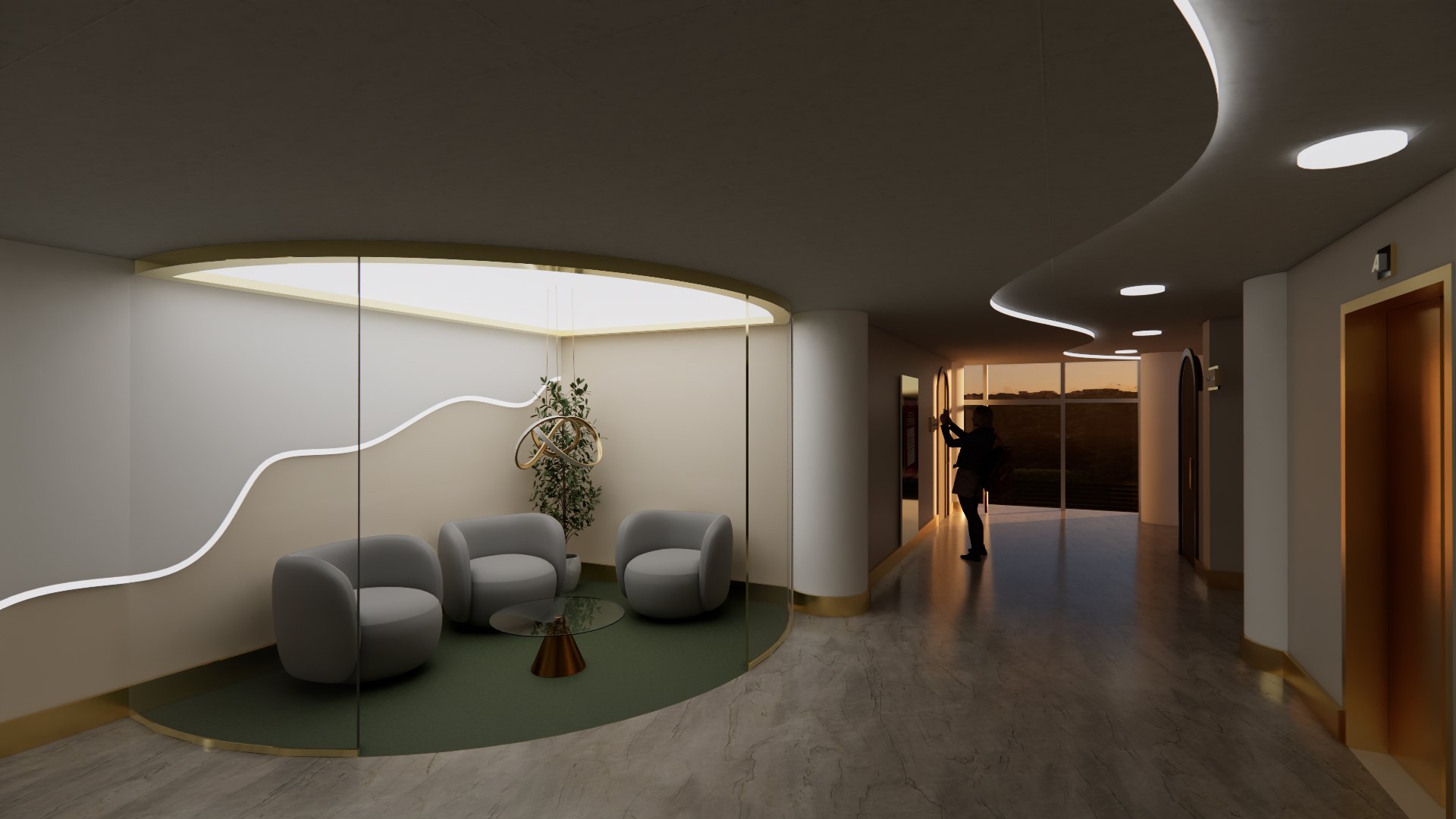 Lobby area with a curved ceiling, stylish lighting, and a small seating area enclosed by glass with a wave pattern on the wall, three gray chairs, a small glass table, and a potted plant. A person is taking a photo near the window with sunset scenery