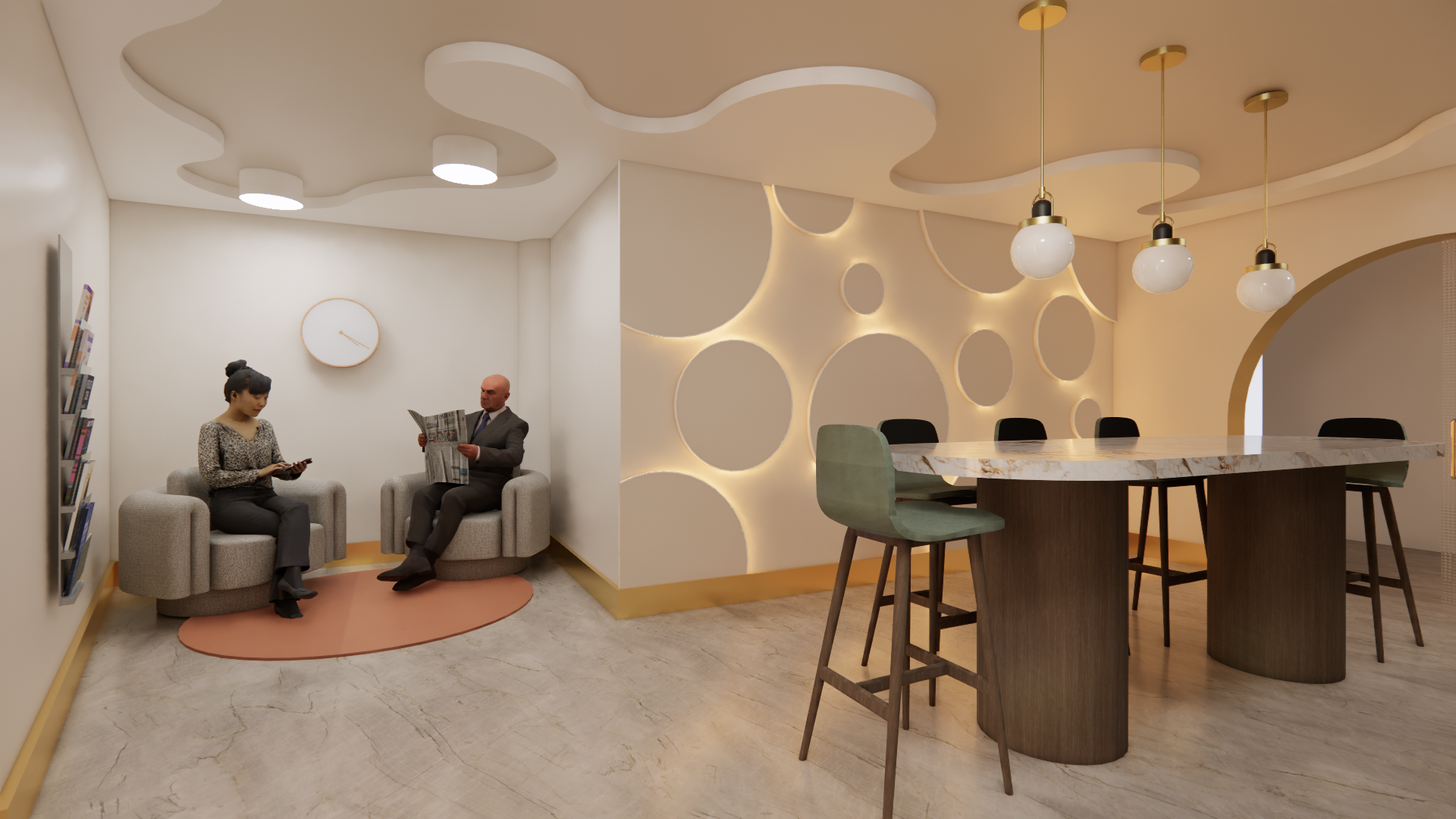 Modern lounge area with two people sitting on armchairs reading and using a phone, a large clock on the wall, bookshelves, and a high table with four green chairs, pendant lights, and a decorative wall with circular patterns.