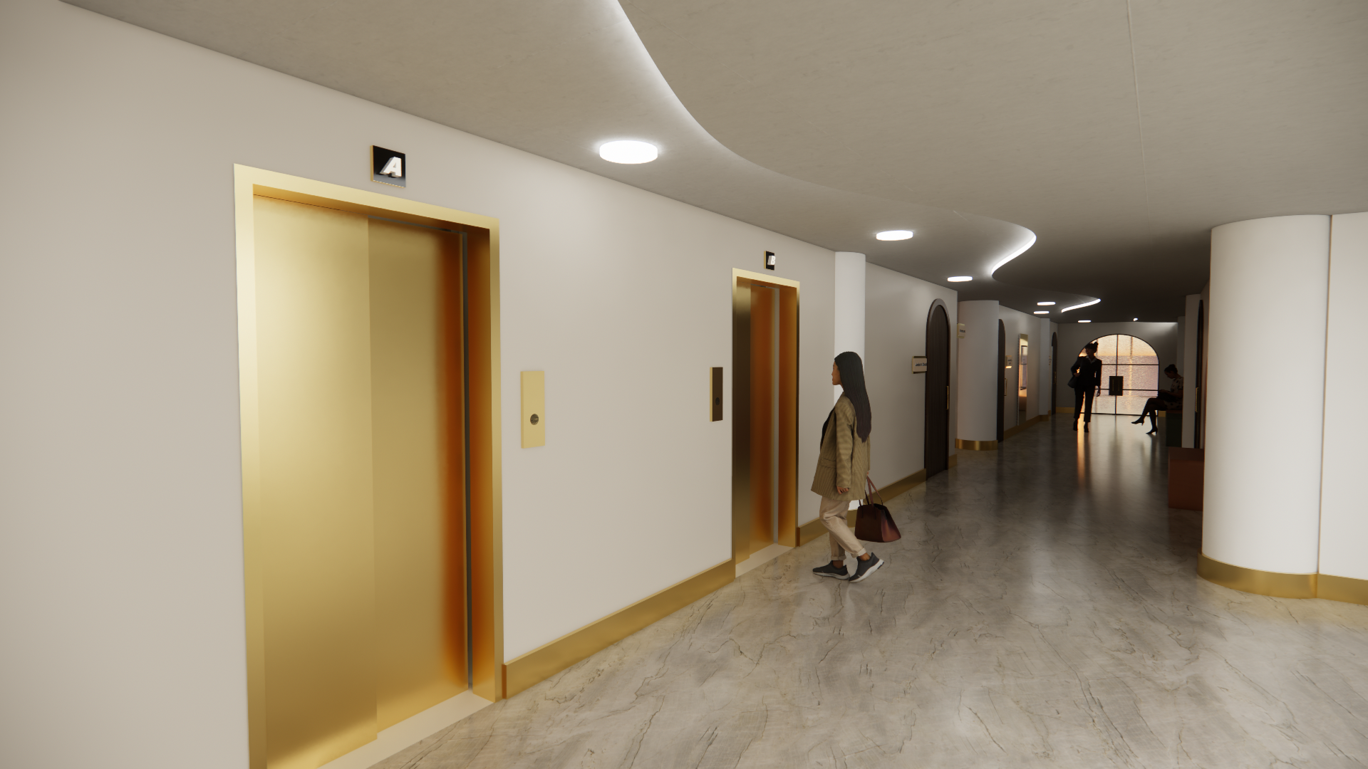 Interior of a modern building corridor with elevators, a woman walking towards the elevators, and people waiting near a large window at the end of the hall.