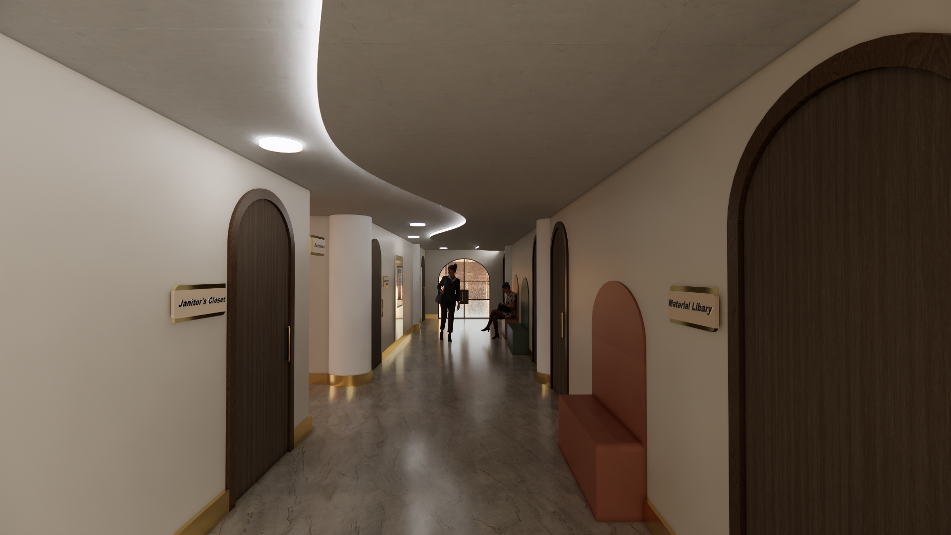 Interior of a modern hallway with arched wooden doors, a pink sitting bench, and signs indicating rooms like 'Janitor's Closet' and 'Material Library'; people are seen walking and sitting.