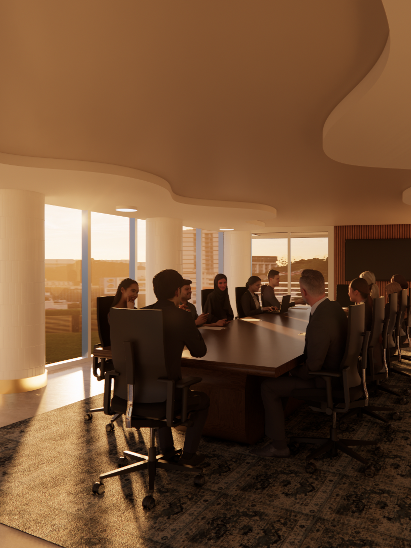 Business meeting with people sitting around a large conference table in a modern office with large windows overlooking city buildings.