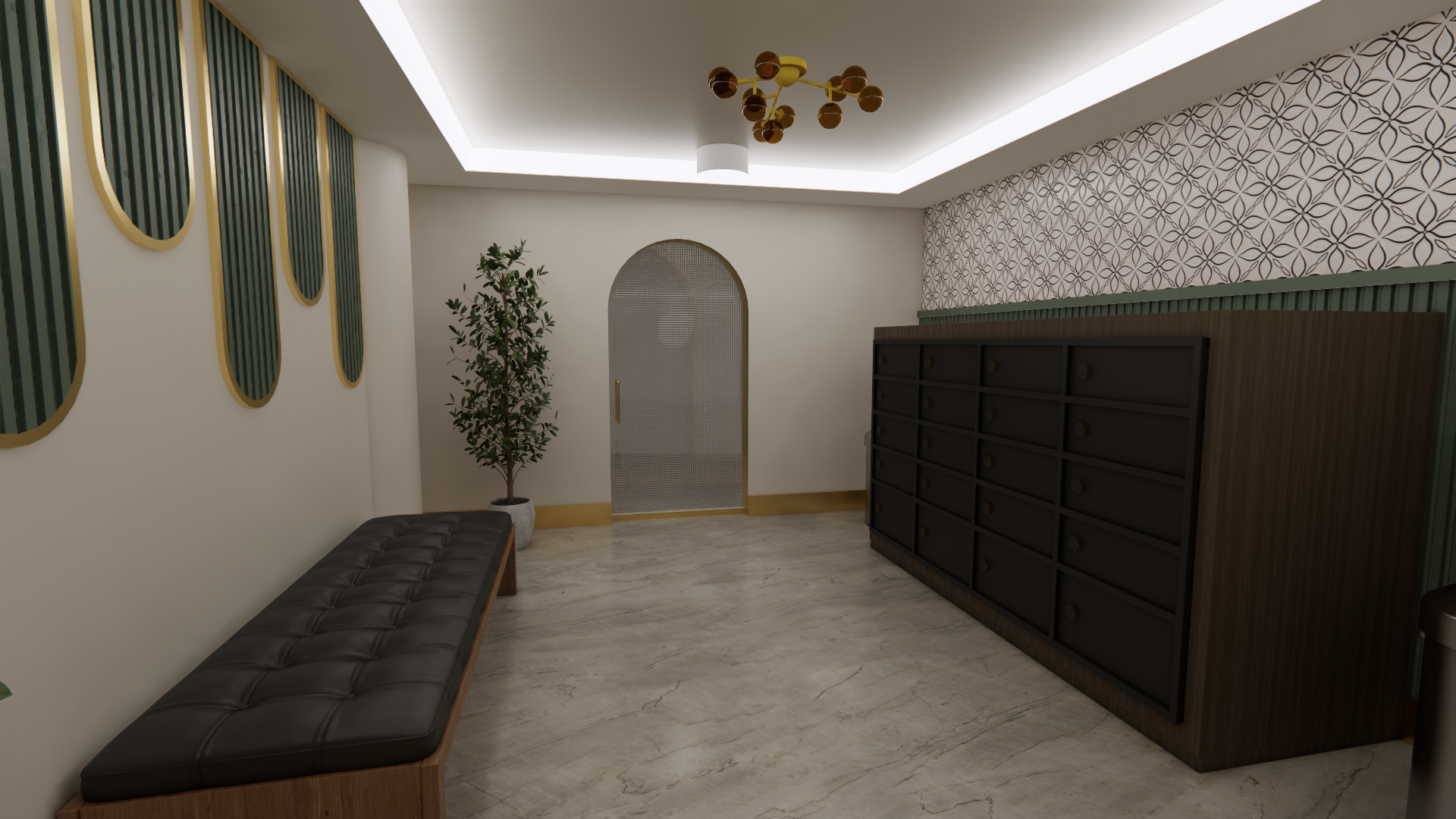 Modern lobby with a black leather bench, potted plant, decorative wall panels, and a wooden mailroom cabinet. Features a white ceiling with cove lighting and a gold and brown sputnik chandelier.