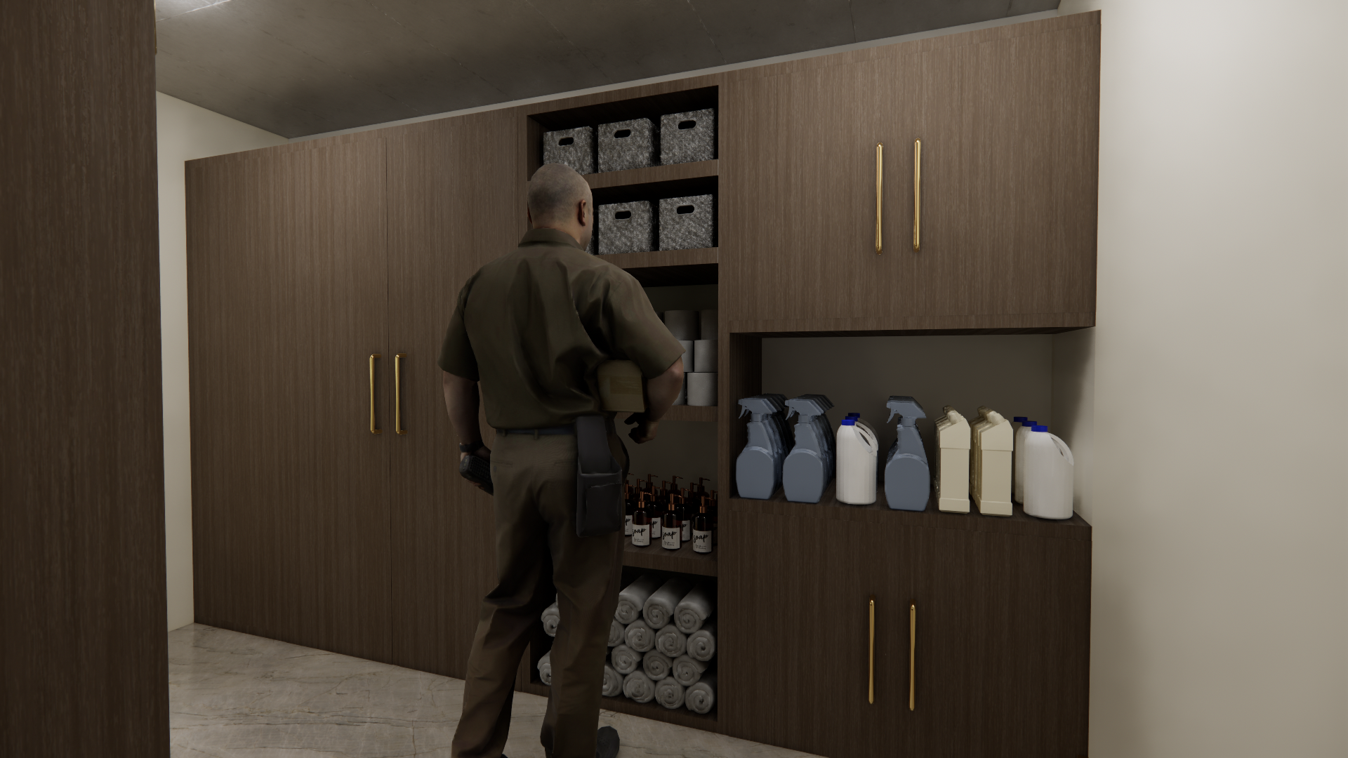 A man in a uniform is standing in front of a wooden cabinet with cleaning supplies and towels.