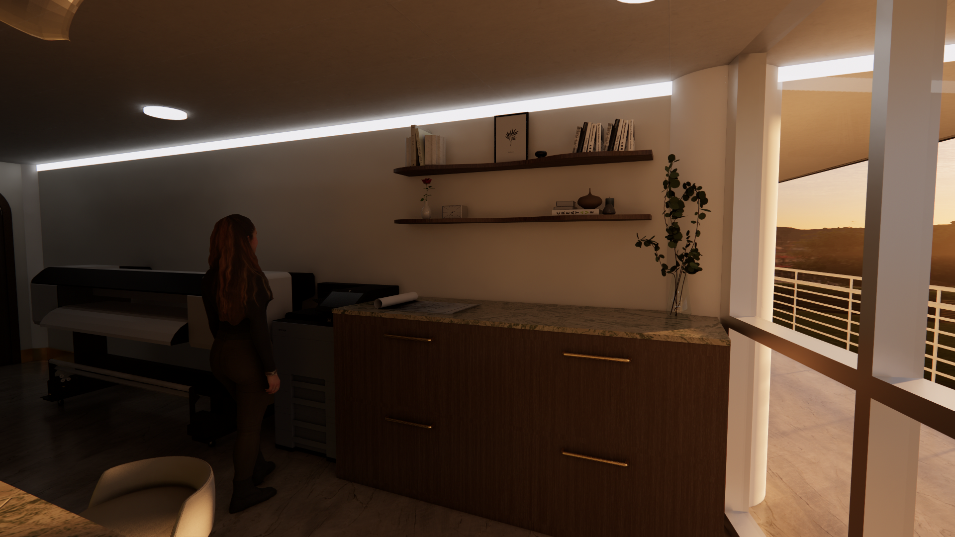 Woman standing in a modern kitchen with a balcony at sunset, shelves with books and decor, a marble countertop, and a potted plant.