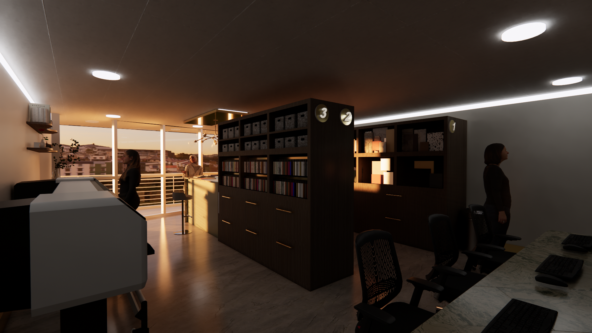 Modern office space with a reception desk, bookcases, and workstations, illuminated by ceiling lights and natural light from large windows showing a cityscape at sunset.