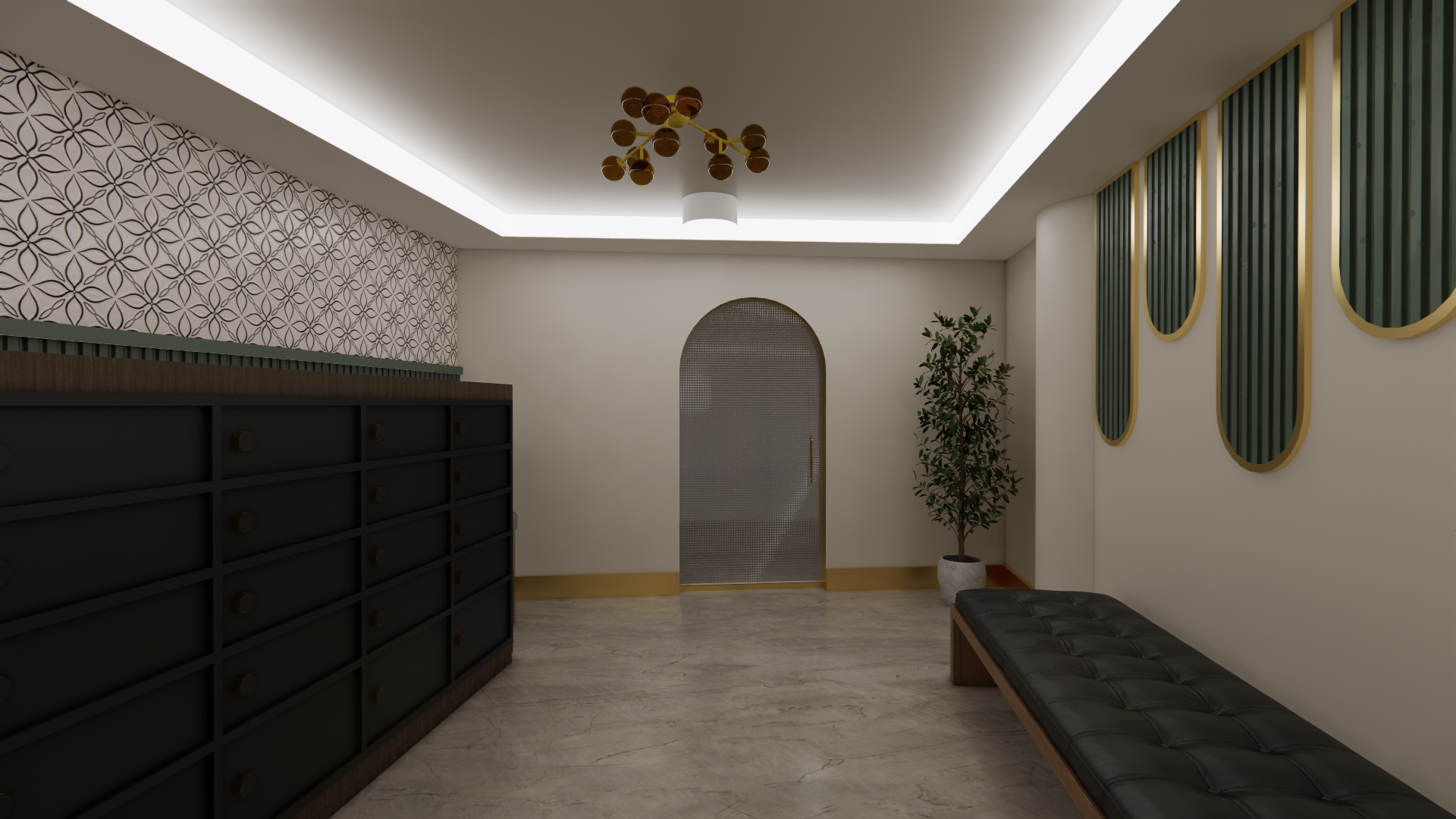 Modern interior room with a black leather bench, patterned wall art, a potted plant, and decorative wall panels.