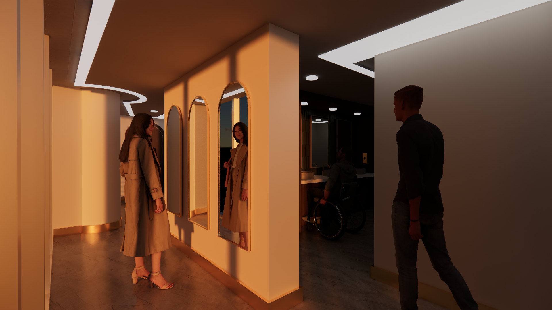 Interior of a modern space with warm lighting, featuring a woman trying on a coat in front of mirrors, and a man walking nearby; a person in a wheelchair is seated at a vanity area.