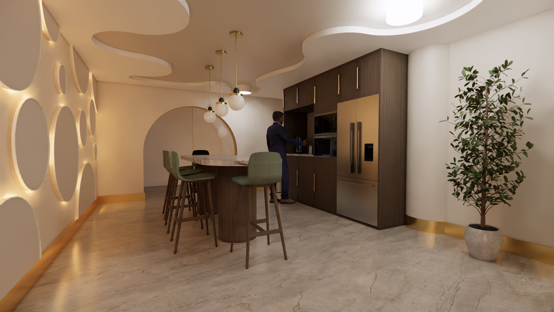 Modern kitchen with a man in a suit using a coffee machine, featuring wood and gold cabinetry, a marble countertop bar with green bar stools, decorative circular wall lights, a potted plant, and ambient ceiling lighting.
