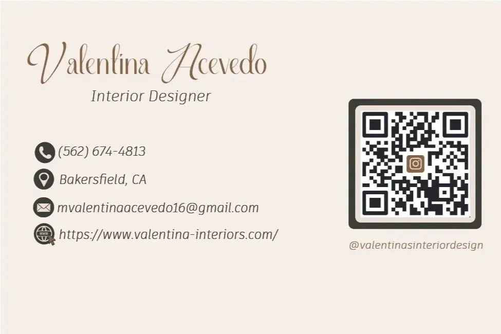 Business card for Valentina Acevedo, interior designer, includes contact info, location in Bakersfield, CA, email, website, QR code, and social media handle.