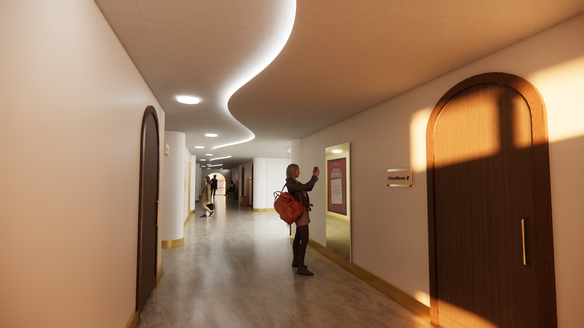 Hallway in a modern building with white walls and wooden doors, showing a woman taking a photo near a mirror with a sign reading 'Classroom B' and other people in the distance.