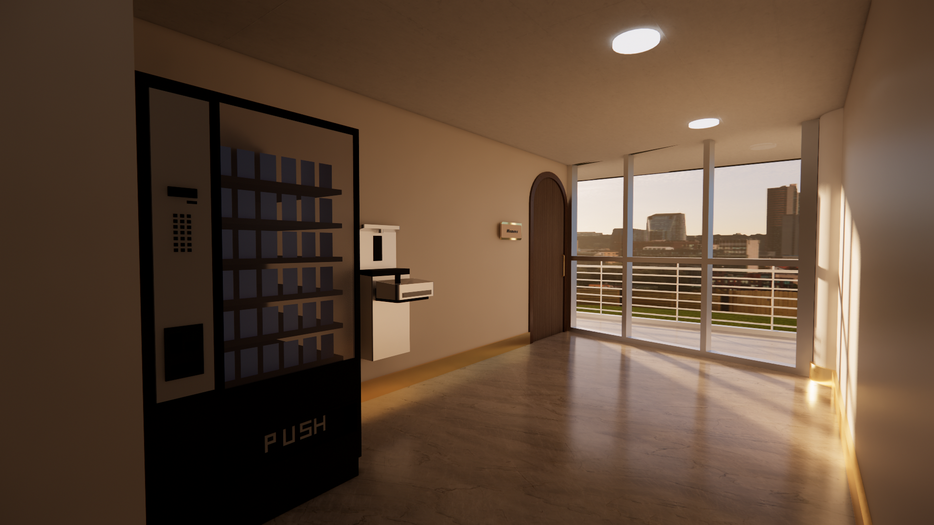 Empty apartment hallway with a vending machine, mailboxes, and a door labeled "Women" overlooking a cityscape at sunset.