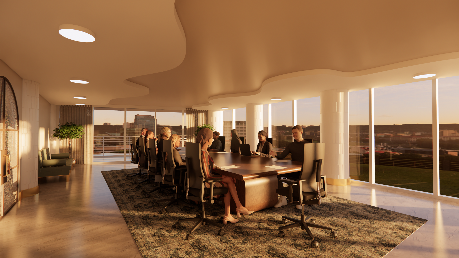 Business meeting in a modern conference room with large windows and city view at sunset.