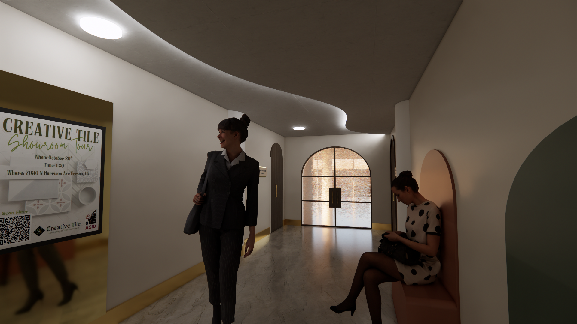 Two women in a modern, softly lit hallway. One woman is walking and smiling, dressed in a dark suit. The other woman is sitting on a pink upholstered bench, looking at her phone, wearing a polka dot dress with black tights.