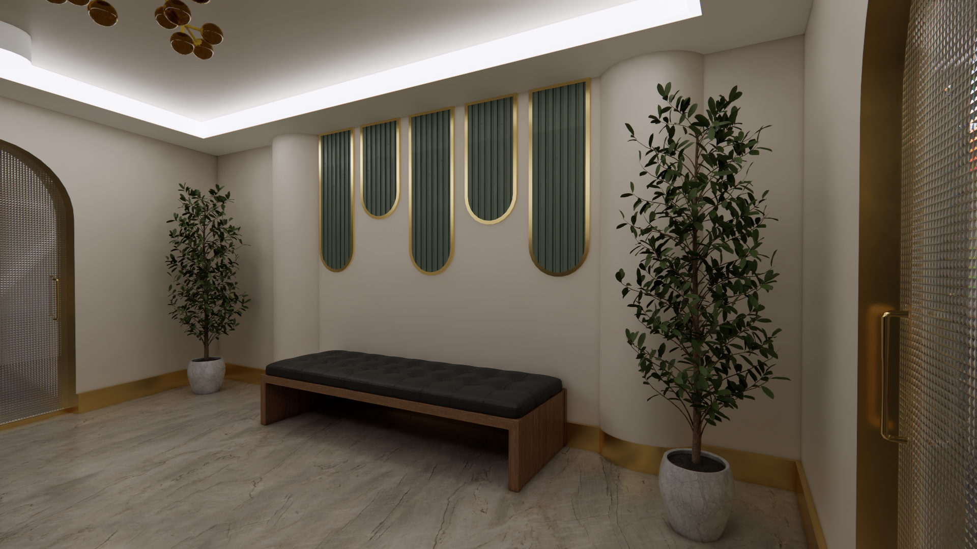 Modern lobby with white walls, two potted trees, a black cushioned bench, and decorative wall art with vertical green panels and gold trim.
