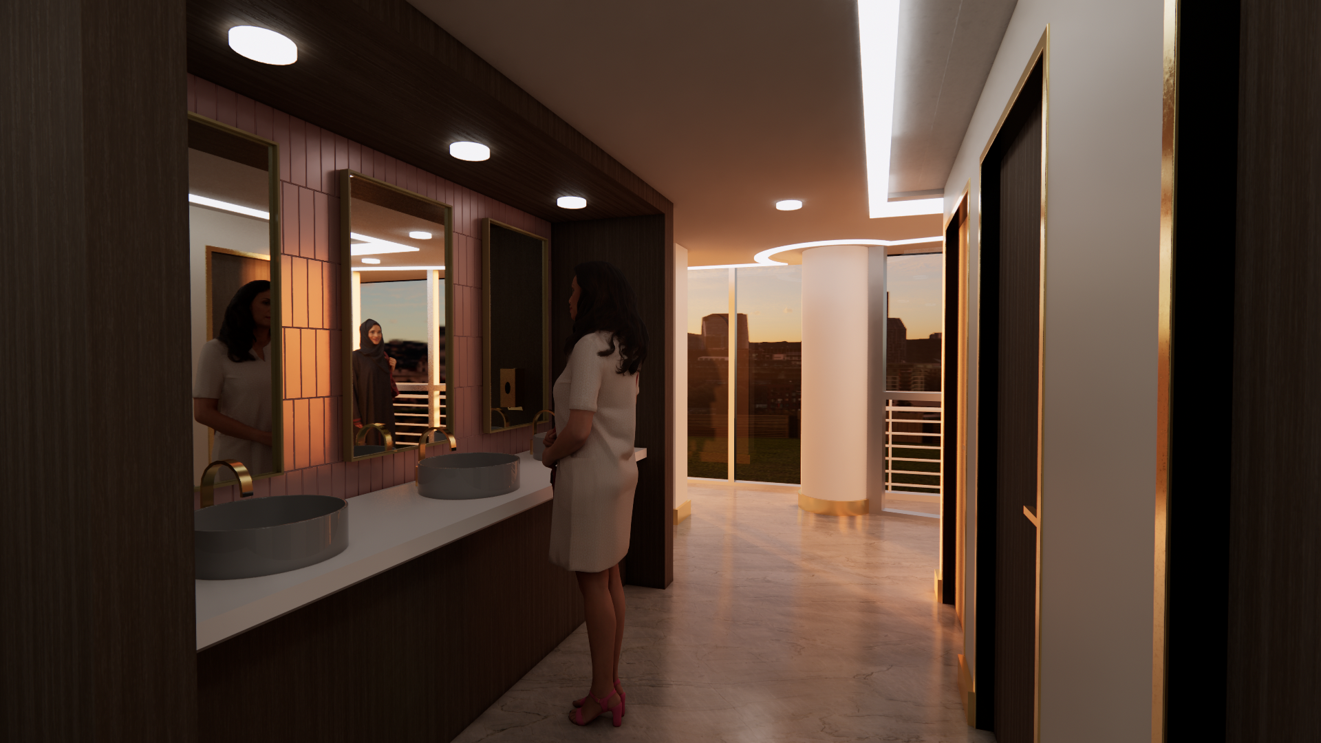 Woman in white dress standing at a double sink vanity with mirrors in a modern bathroom overlooking a city sunset.