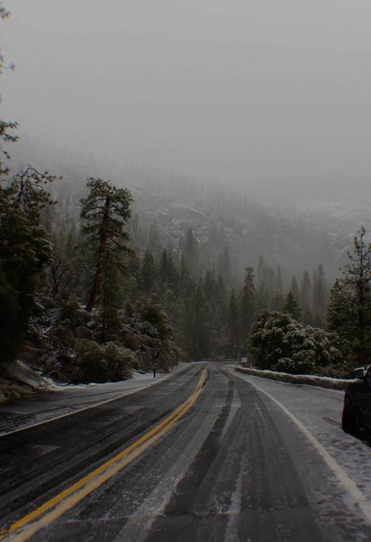 A mountain road with snow-covered trees and mountains in the background, foggy and icy conditions.