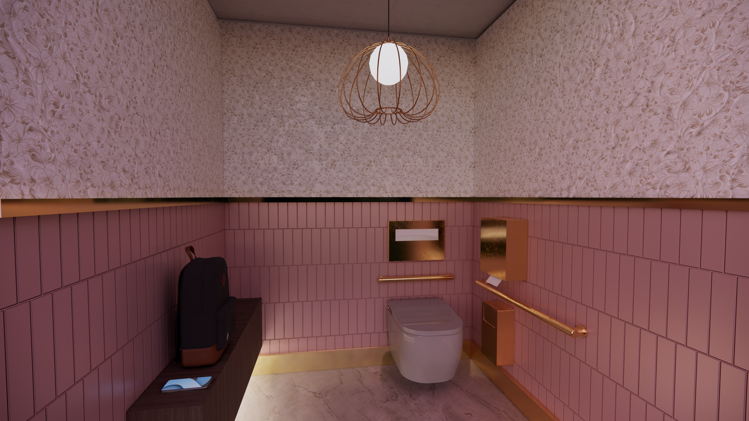 A modern pink-themed bathroom with textured wallpaper and tiled walls, a wall-mounted toilet, and a floating shelf with a backpack and an open book, decorated with a hanging light fixture.
