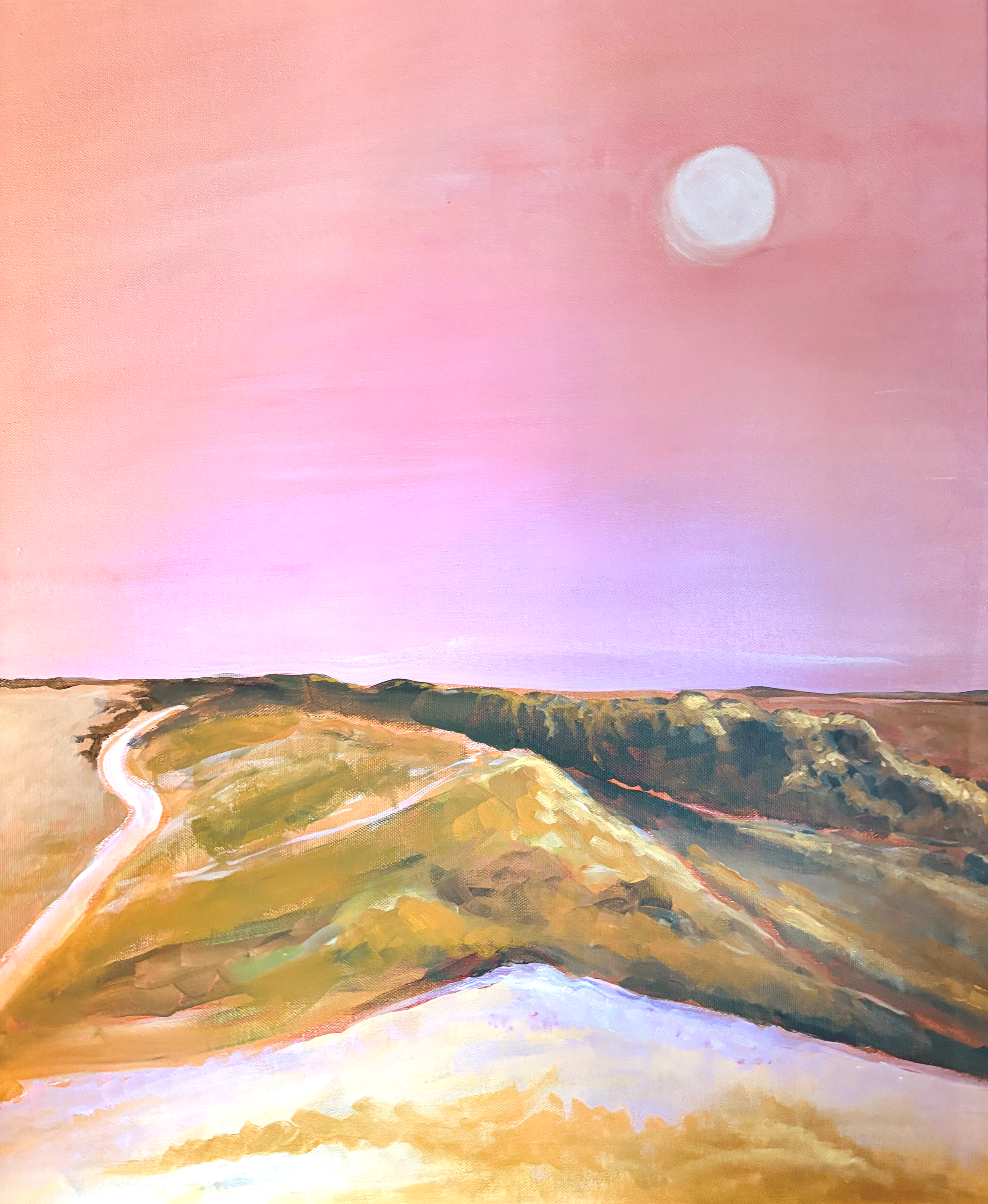 A landscape painting of a winding road through rolling hills under a pink and purple sky with a bright white sun.