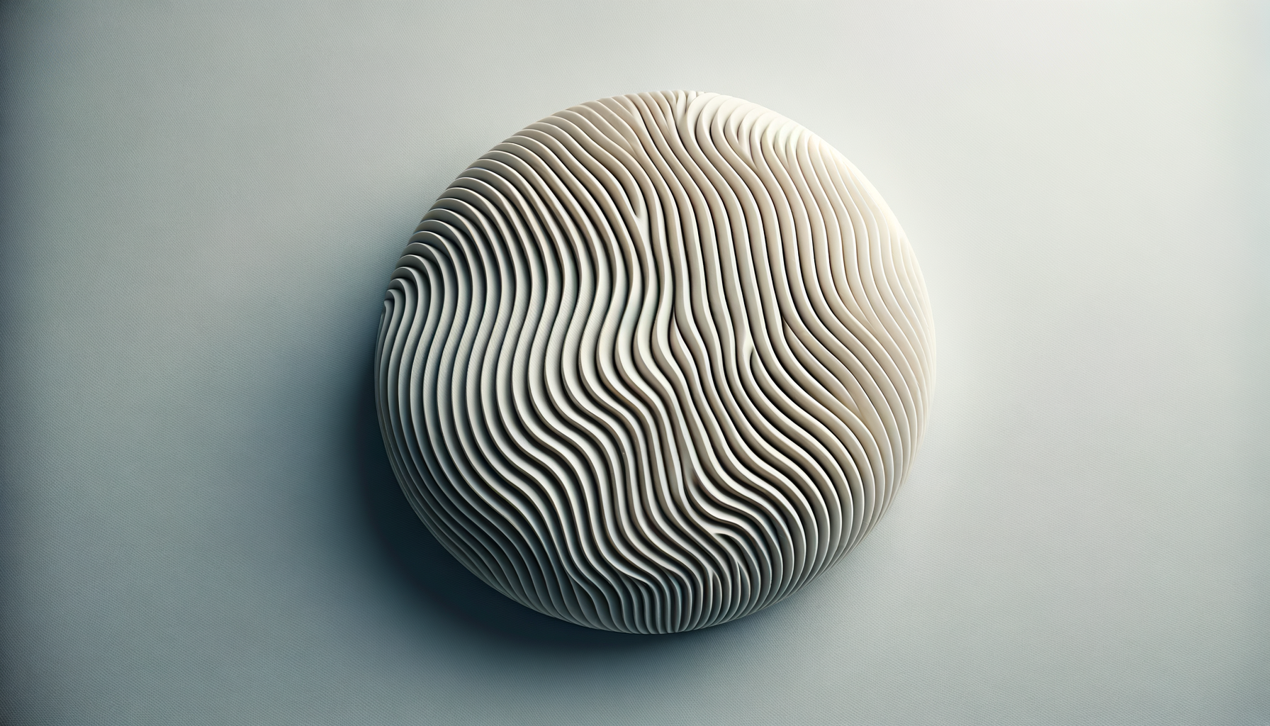 A modern, abstract sculpture resembling a globe, made of layered, wavy, light-colored material, placed on a plain, neutral background.