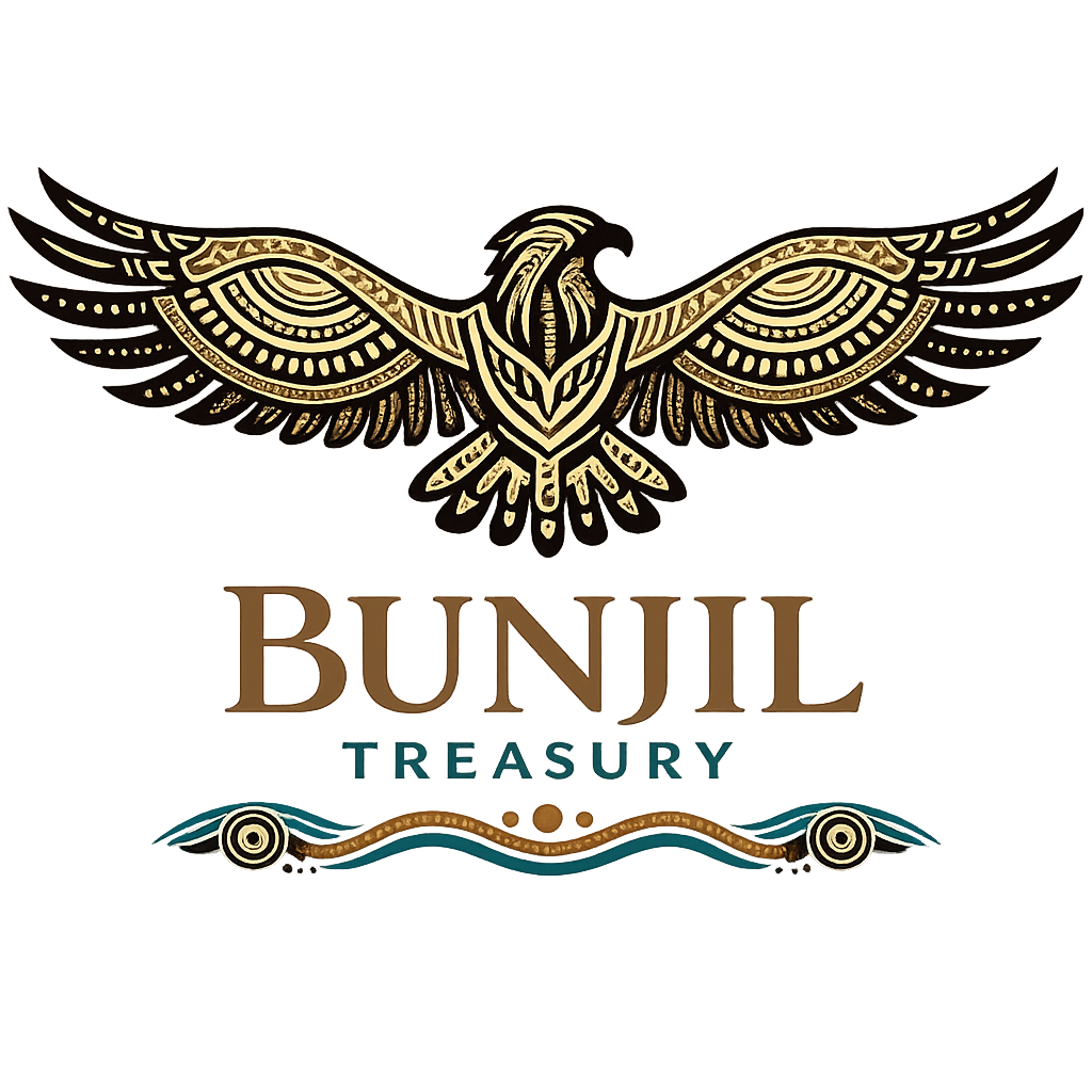 Decorative black and gold eagle with outstretched wings above the text 'BUNJIL TREASURY' on a dark background.