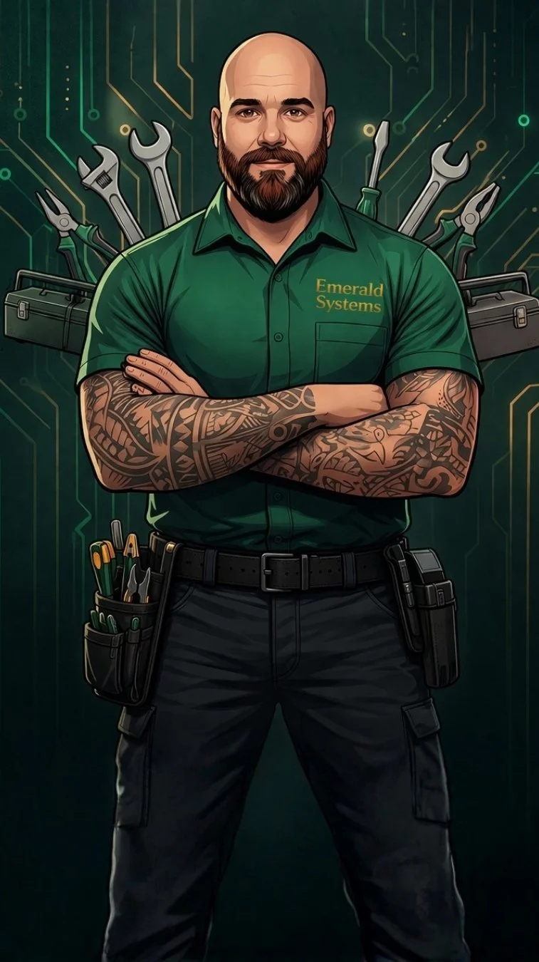 Emerald Systems text logo with wrench and hammer icon representing plumbing and home repair services in East Bay California