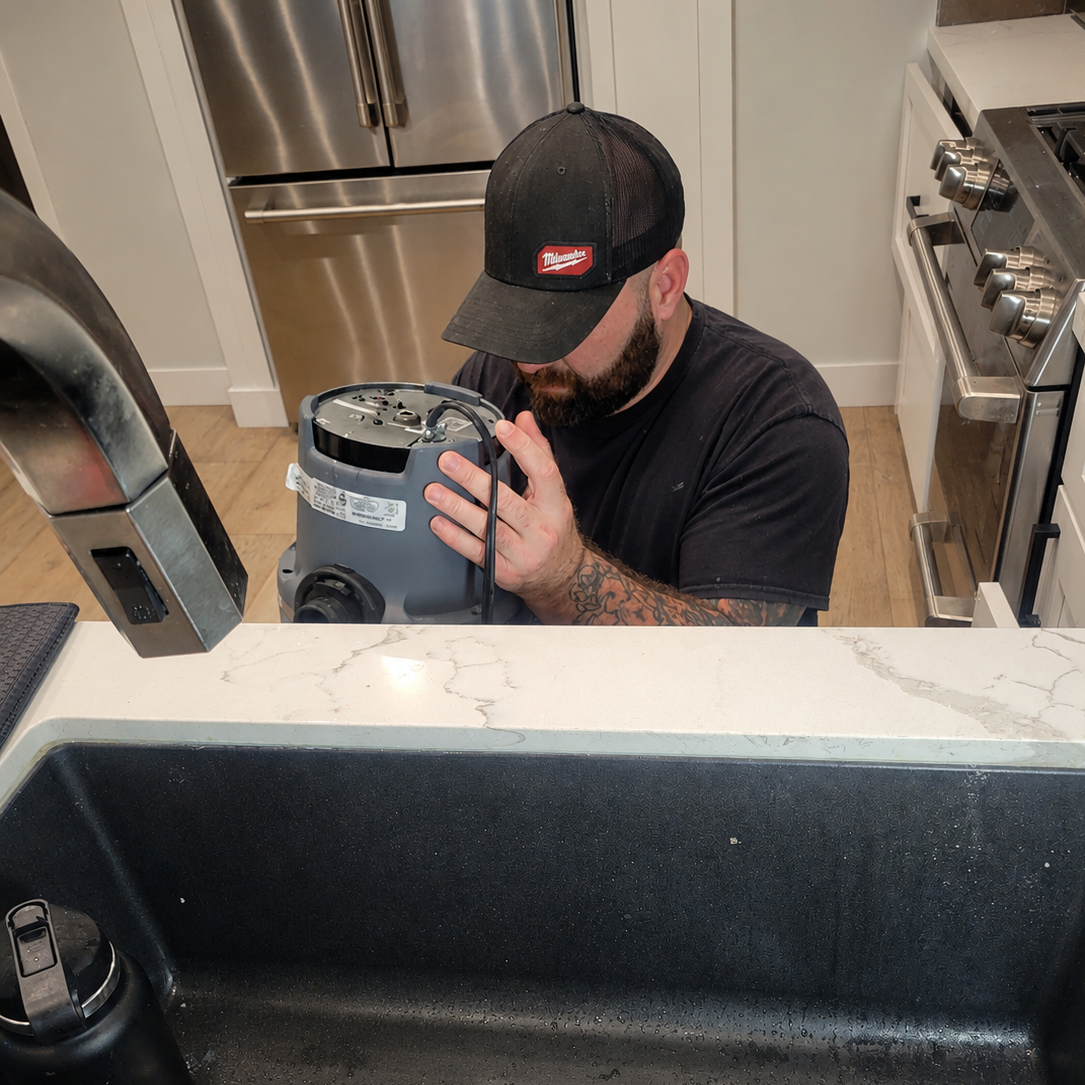 A man wearing a black cap and black T-shirt working on a kitchen appliance at a kitchen counter.