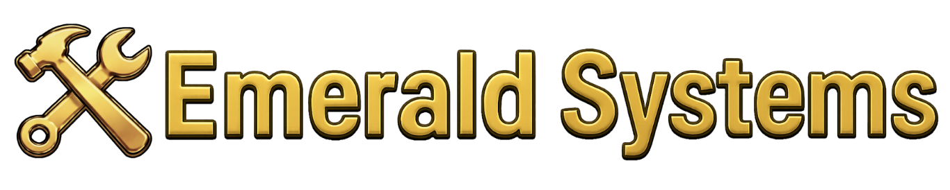 Emerald Systems text logo with wrench and hammer icon representing plumbing and home repair services in East Bay California