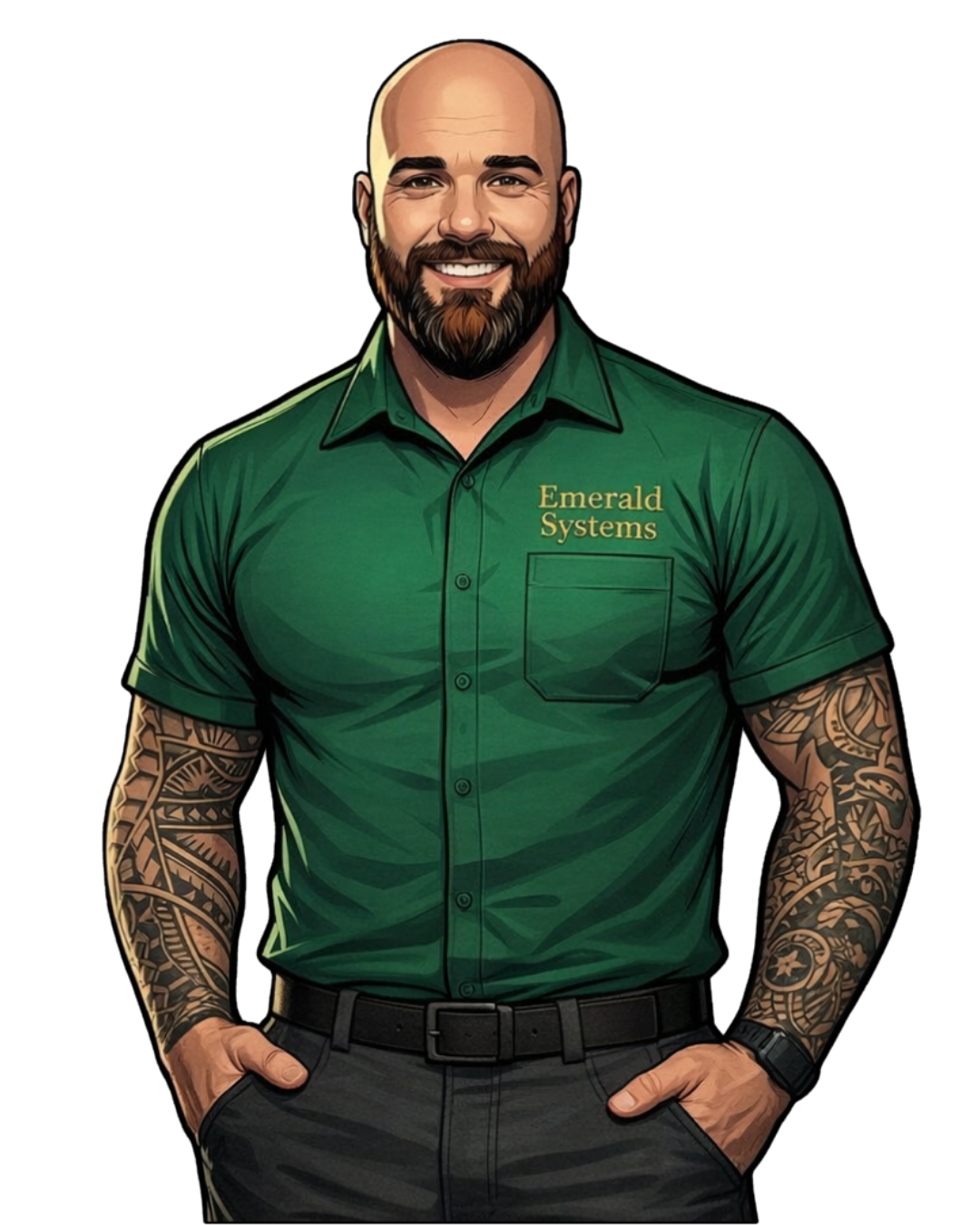 Emerald Systems technician in green uniform standing confidently, representing professional plumbing and home system services
