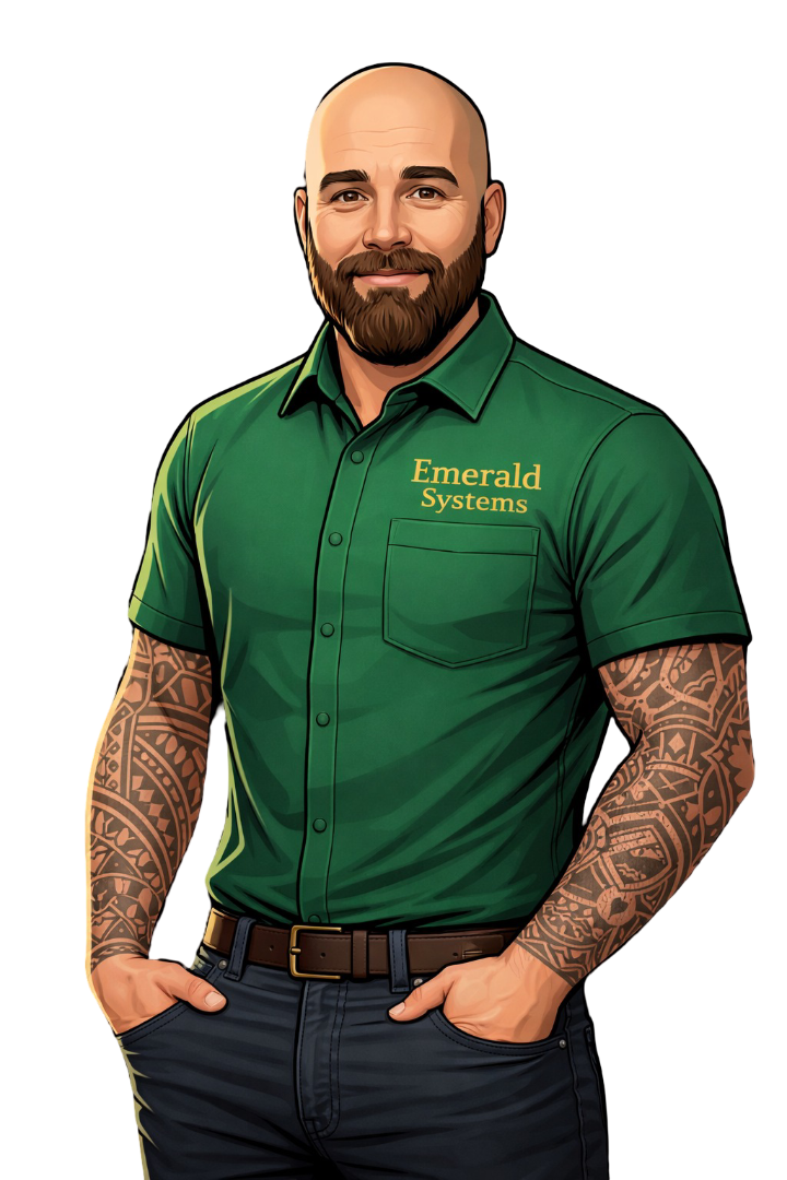 Emerald Systems professional technician illustration wearing green uniform representing plumbing and home system services in East Bay