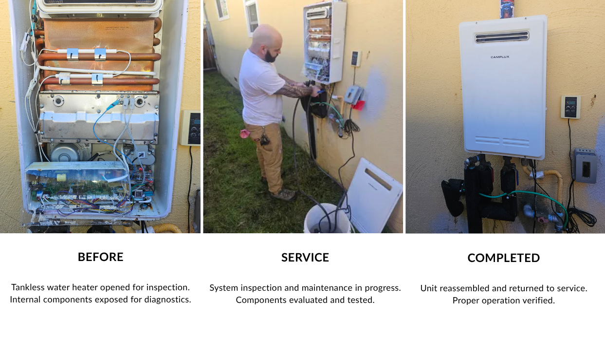 Tankless water heater descaling and maintenance in Fremont, CA, including system inspection, component testing, and completed service verification.