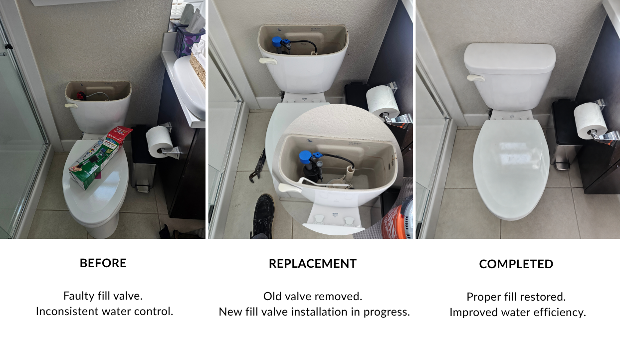 Toilet fill valve replacement in Oakland, CA, showing before condition, valve replacement process, and completed repair with restored water control and improved water efficiency.