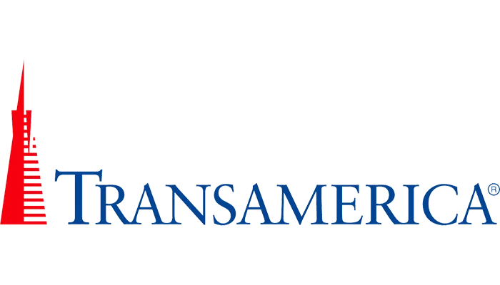 Transamerica logo with a red stylized pyramid on the left and a background of red and white horizontal stripes