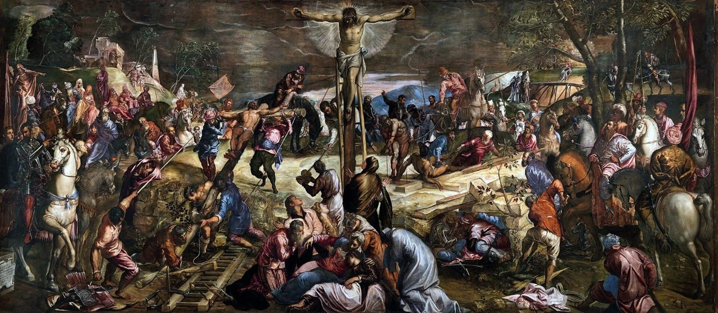 A detailed painting of the crucifixion of Jesus Christ, with numerous figures including soldiers, followers, and Onlookers, depicting a biblical scene.