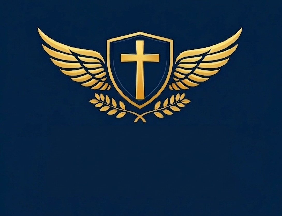 A gold emblem with a shield, a cross in the center, and angel wings on each side, set against a dark blue background.