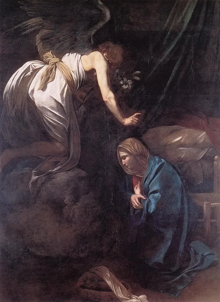A religious painting of an angel descending from above towards a praying woman wrapped in a blue shawl, in a dimly lit setting.