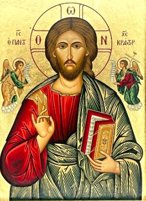 Religious icon depicting Jesus Christ with a halo, holding a book and making a blessing gesture, flanked by angels.
