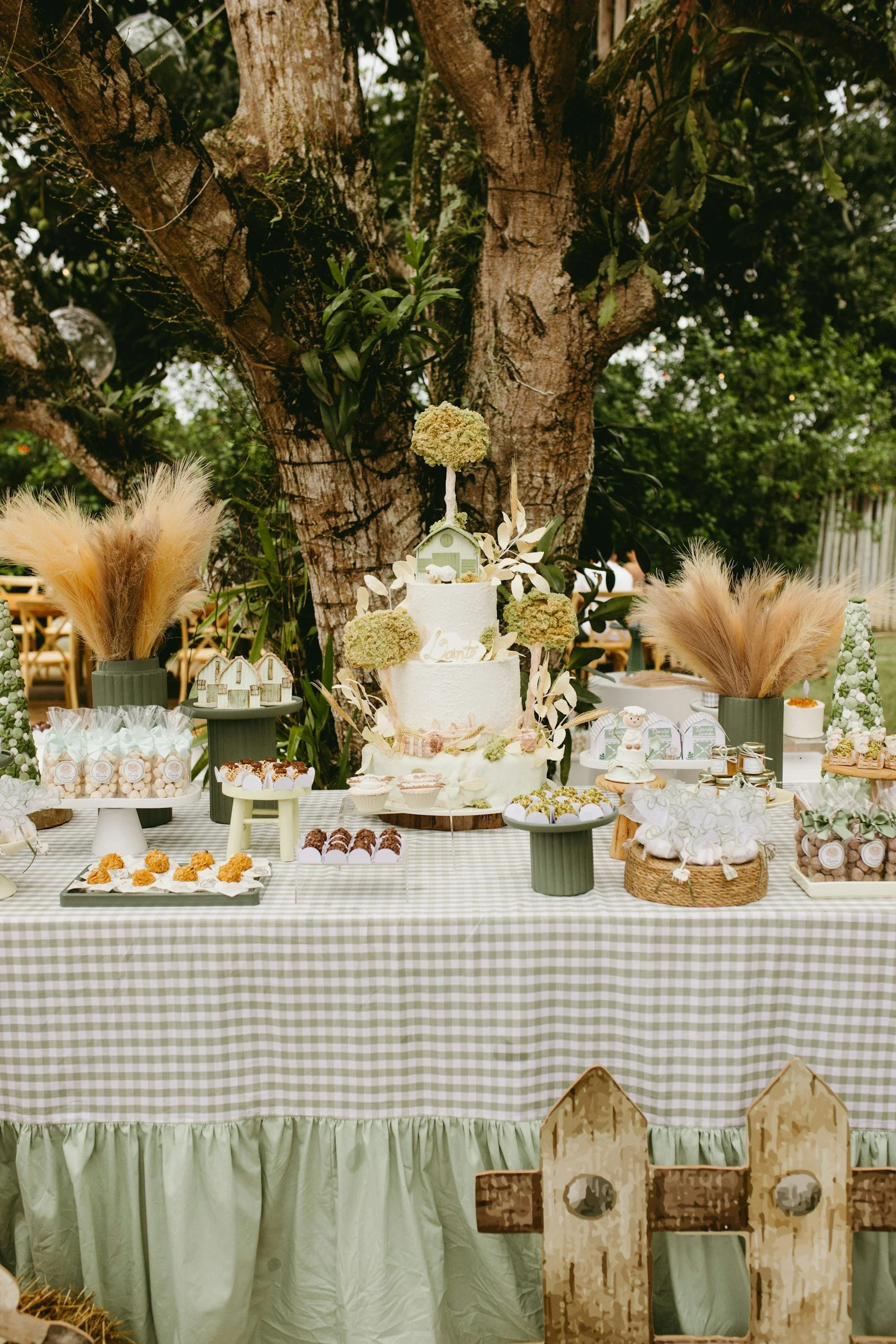 A dessert table at an outdoor event with a green and white checkered tablecloth, decorated with cakes, cookies, and treats, set against a large tree and greenery.