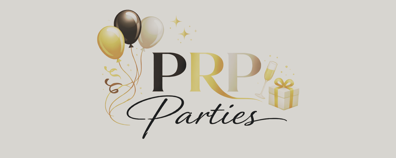 Graphics for PRP Parties featuring balloons, a champagne glass, and a gift box.