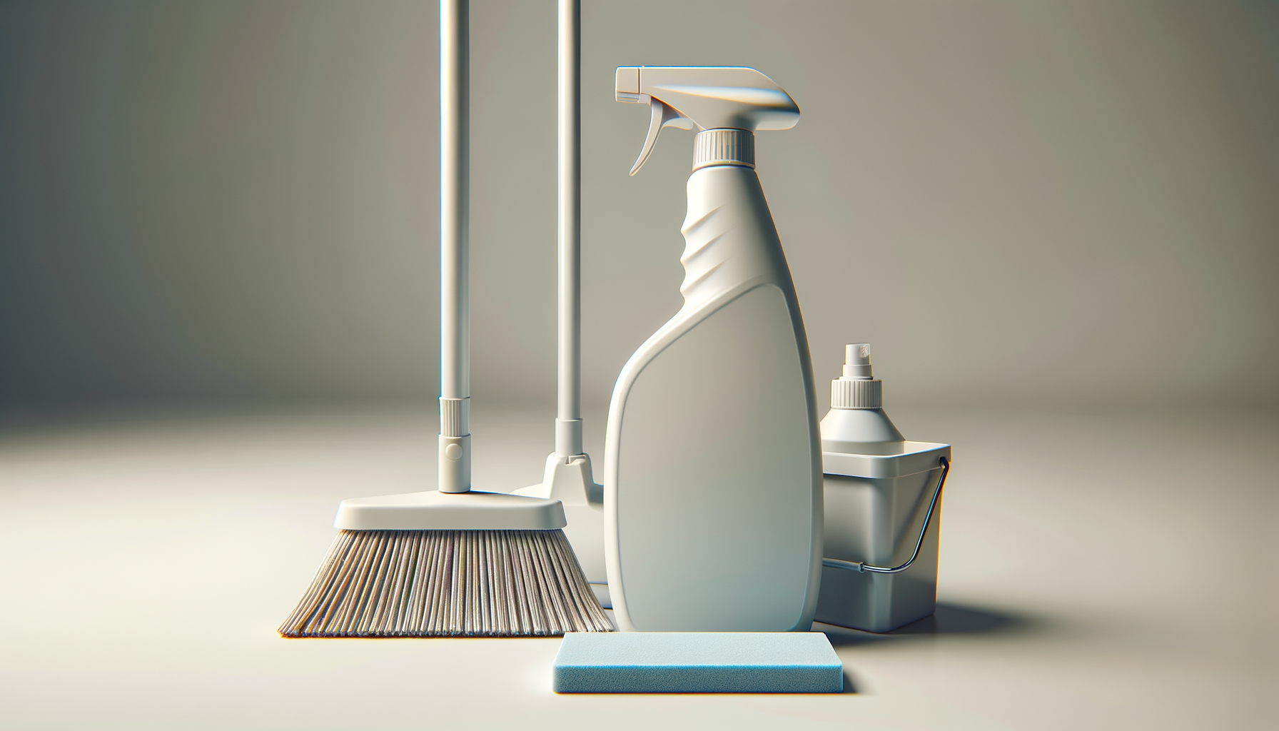 Cleaning supplies including a mop, spray bottle, squeeze bottle, and a spray foam bottle on a light surface.