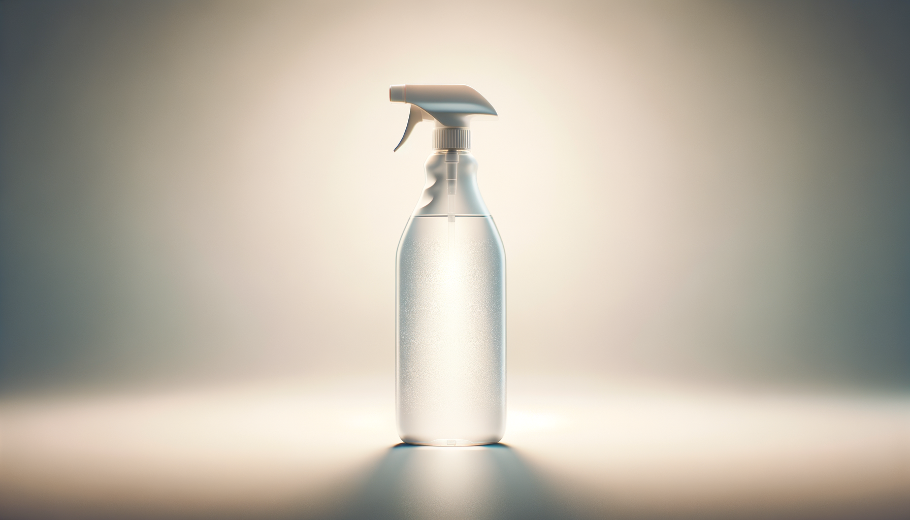 A clear spray bottle with a white trigger spray nozzle, filled with a transparent liquid, standing on a surface with a blurred neutral-colored background.