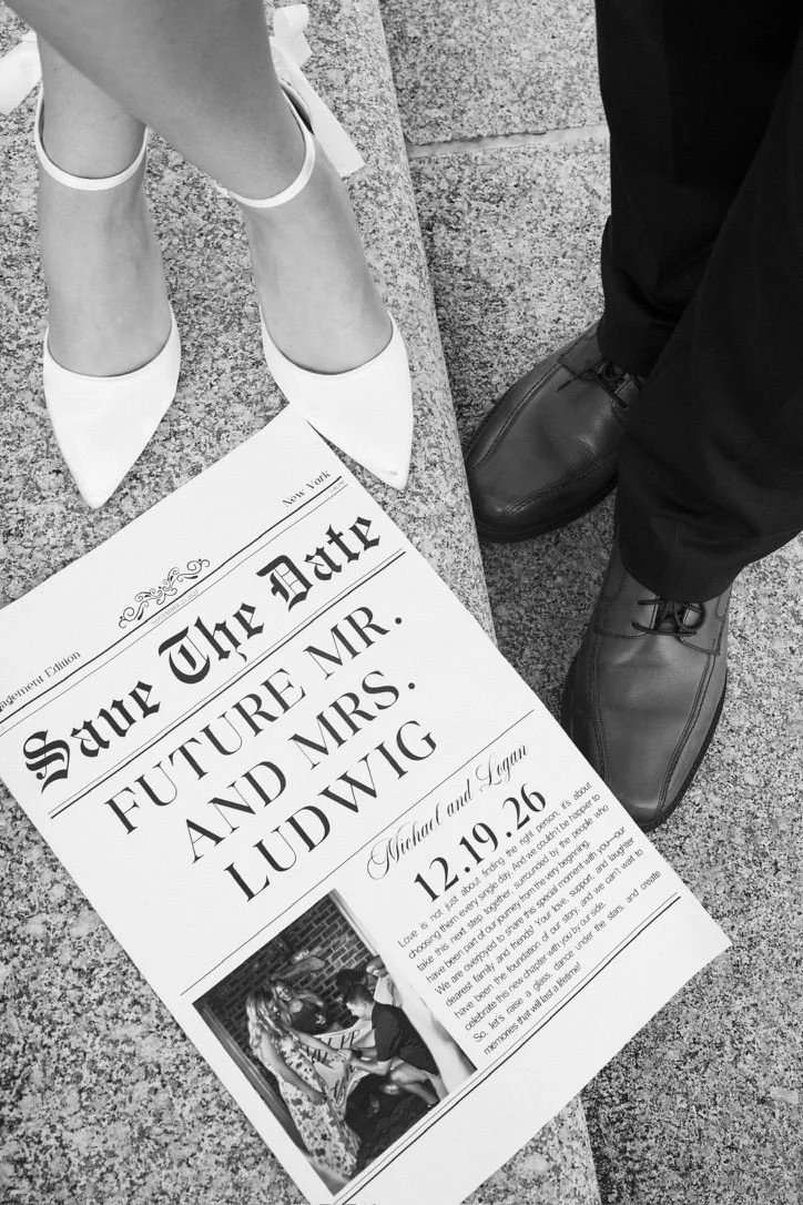 Wedding announcement newspaper titled 'Save the Date' for future Mr. and Mrs. Ludwig, dated December 19, 2026, featuring a photo of a woman in white shoes and a man in black shoes, with text and an illustration on a granite surface.