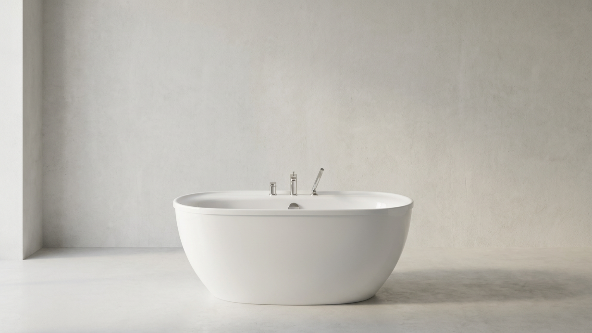 A modern, minimalist white bathtub with silver fixtures in a stark, neutral room with plain walls and floor.