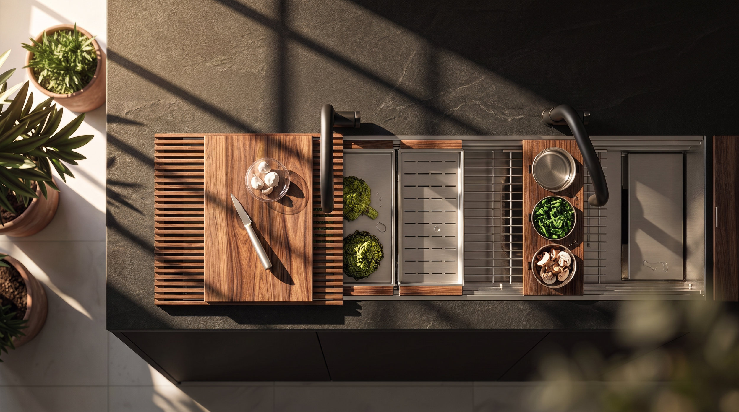 Top-down view of a kitchen countertop with a wooden cutting board, a knife, and fresh vegetables including broccoli, mushrooms, and leafy greens. On the left, there are potted plants casting shadows on the white surface, while on the right, a metal drain and stainless steel sink are visible with various utensils and ingredients.