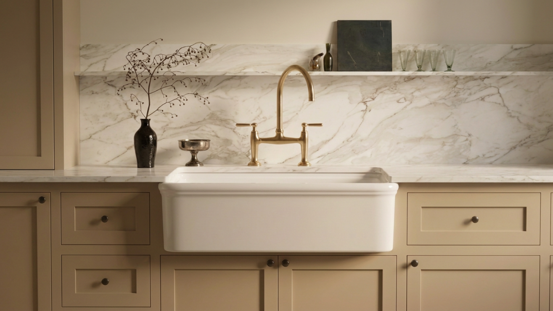 Elegant bathroom vanity with white farmhouse sink, brass faucet, marble backsplash, and decorative shelves