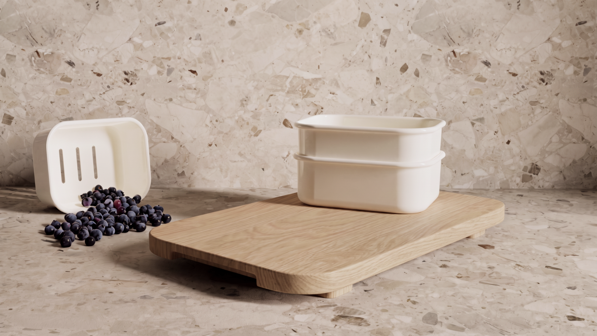 White berry container tipped over with blueberries spilling onto a kitchen counter beside a wooden cutting board and white storage container