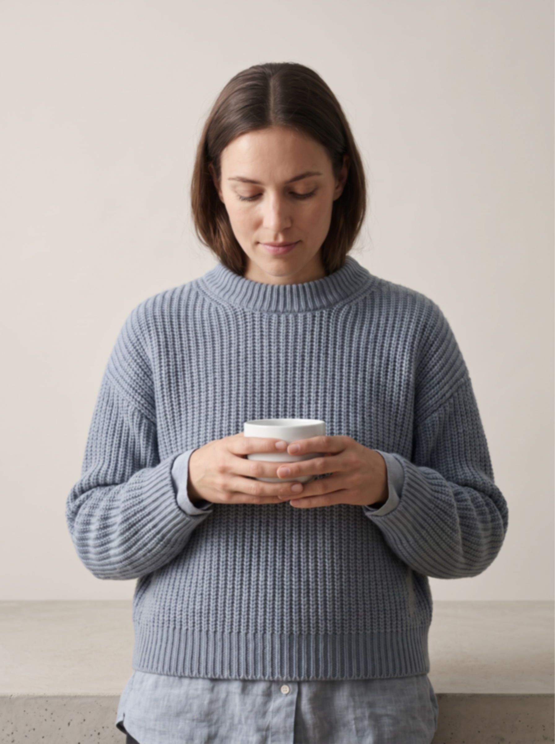 A woman with shoulder-length brown hair wearing a blue and gray striped sweater is holding a white mug and looking down at it, standing against a plain light-colored background.